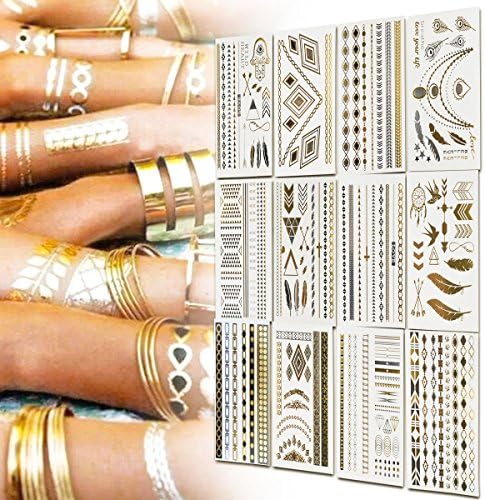 Inifty Temporary Tattoos Body Art Stickers Waterproof Shiny Jewelry Flash Tattoos High Gloss Shimmer Designs in Gold, Silver, Black &amp; Blue Turquoise (12 Sheets, Gold &amp; Silver)