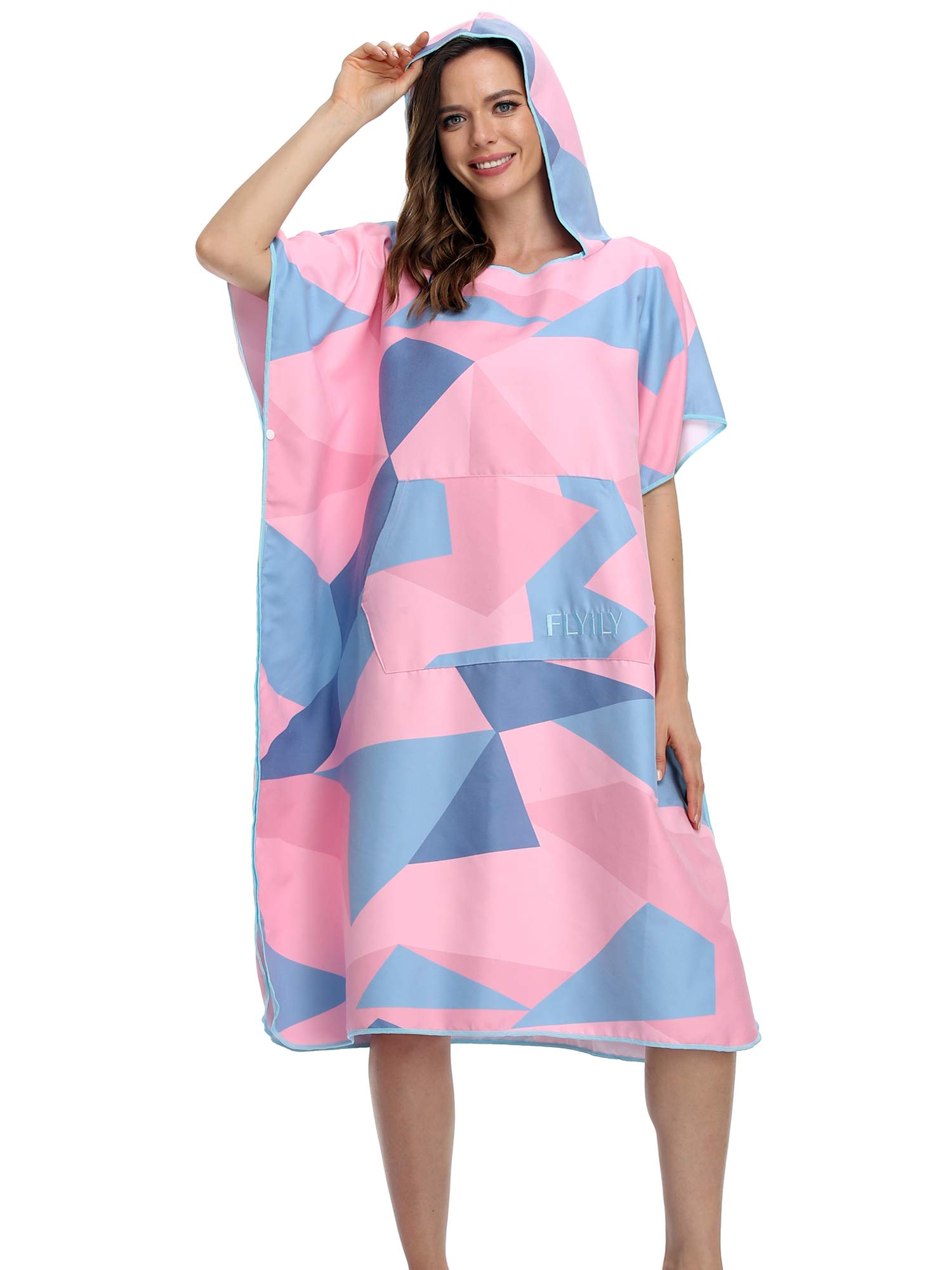 FLYILY Microfibre Surf Poncho Towel with Hood Bath Robe for swimming and beach changing One Size Fit All adults (PinkGeometry)