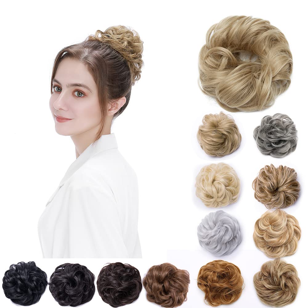 Silk-Blend Blonde Hair Bun Scrunchie Messy Updo Short Donut Hairpiece with Ribbon Ponytail Extensions — image 1