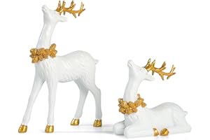 ZENSOUNDING 2PCS Christmas Deer Pendant Bedding and Standing Gold Deer Resin Home Decoration Suitable for Fireplace Living Room Dining Table Christmas Decoration (White)