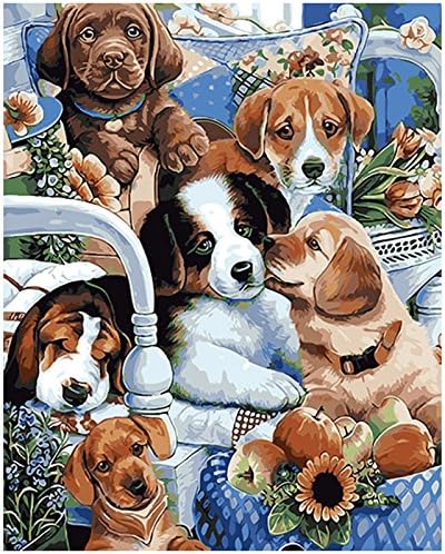 Fengtuo Diy Oil Painting Paint by Number Kit Canvas Painting Hand Colouring Decorative Picture-Lovely Dogs 16"X 20"- Framed