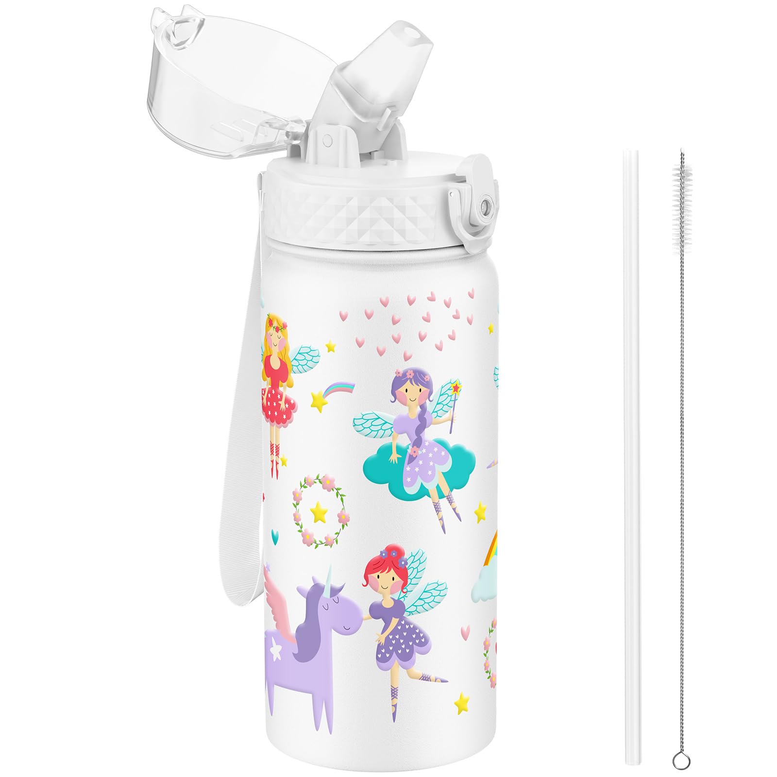 GOPPUS 550ml/18oz Kids Insulated Water Bottle with Straw Cute Double Wall Stainless Steel Child's Small Flask Vacuum Insulated Steel Metal Leak Proof Drink Flask Boys Toddler Girls Bottles BPA-Free