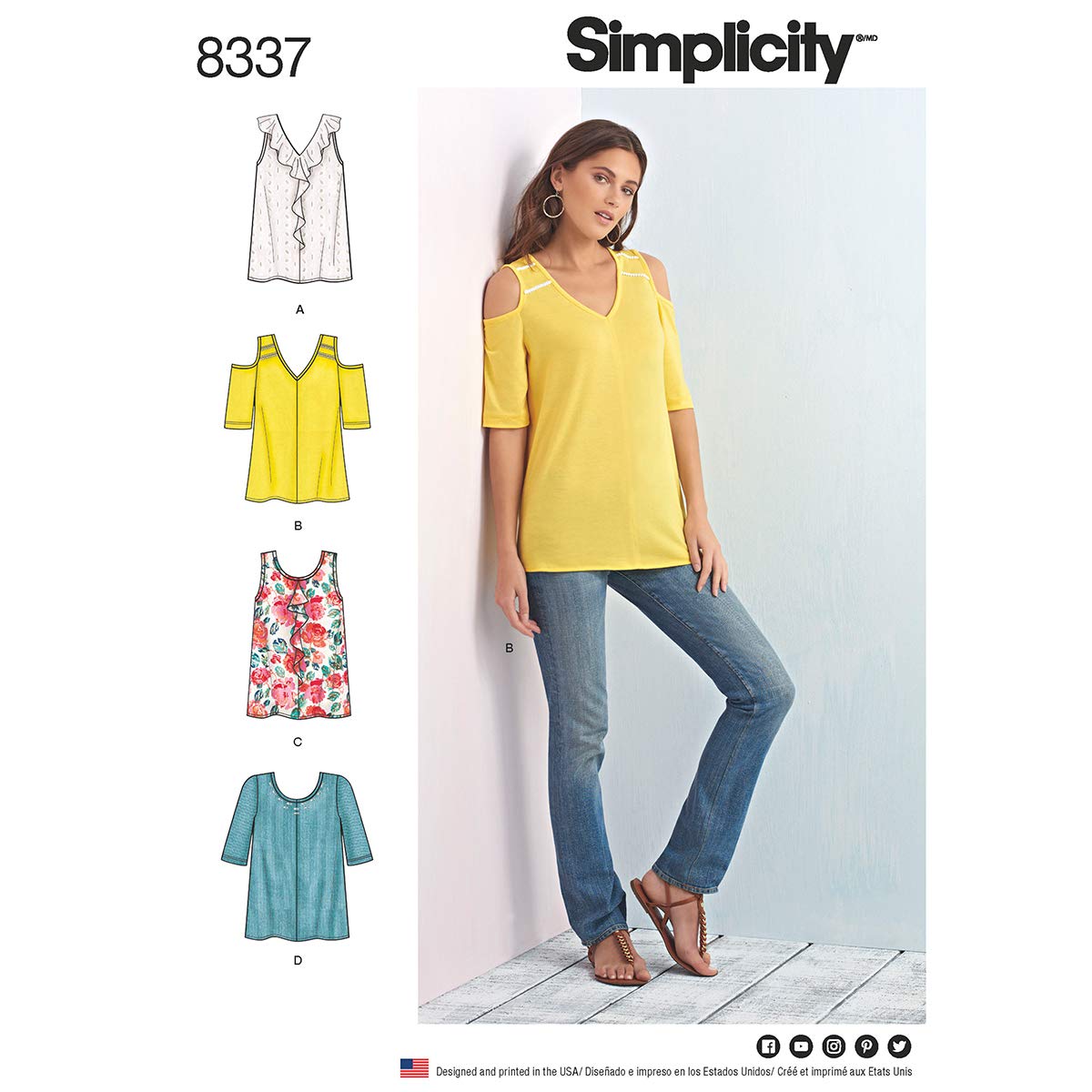 Simplicity Pattern 8337 A (XXS-XS-S-M-L-XL-XXL) Misses' Knit Tops with Bodice and Sleeve Variation, Paper, White, 22 x 15 x 1 cm