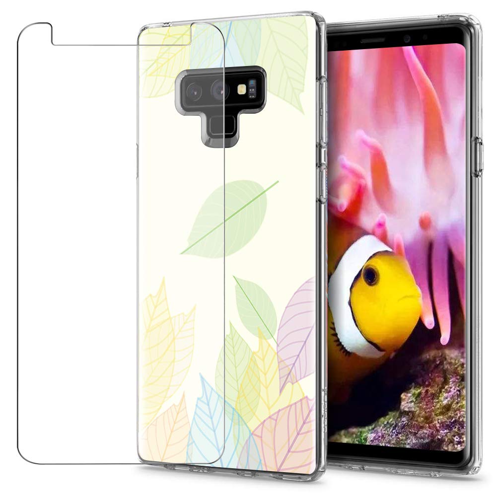 MadBee Galaxy Note 9 Case + Tempered Glass Screen Protector, Colorful Pattern Printed Design Clear Soft Flexible TPU Protective Cover Case for Samsung Galaxy Note 9 (Leaf 2)