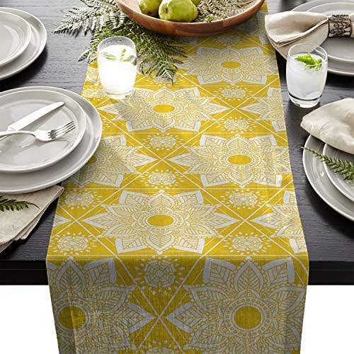 Linen Burlap Table Runners, Boho Mandala Ethnic Flowers