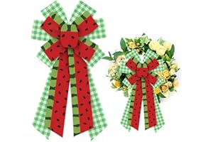 HEUREPPY Large Summer Wreath Bows Summer Watermelon Green White Plaid Burlap Bows for Wreath, Summer Fruits Melon Ribbon Bows Tree Topper Bows for Summer Home Indoor Outdoor Decoration Wreath Ornament Supplies