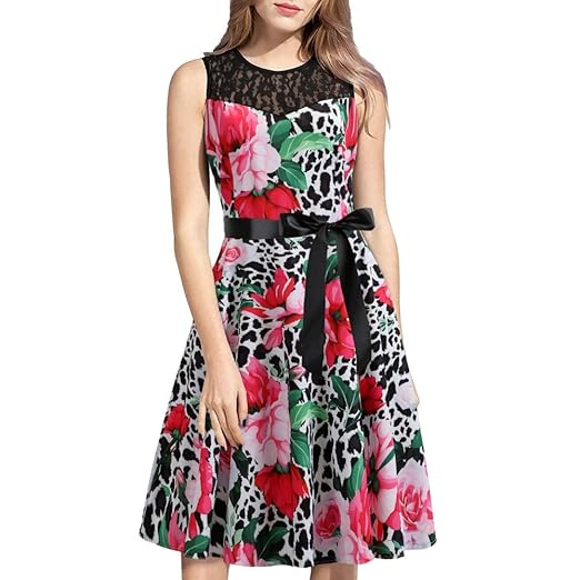 Casual Cocktail Women'S Lace Round Neck Sleeveless Panel Leopard Print Print Dress Holidays