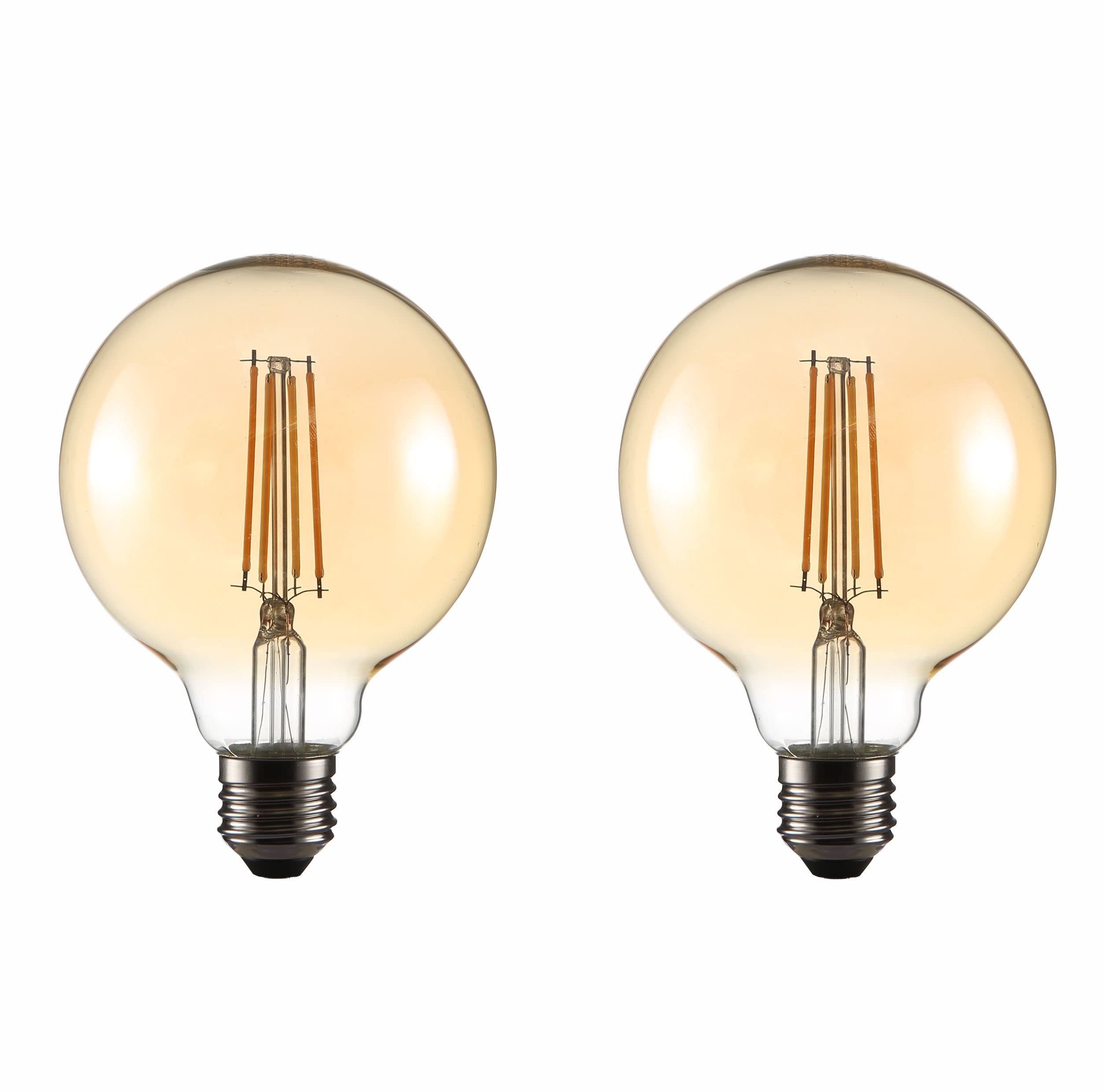 TEKLED G95 E27 LED Filament Globe Bulb, 6.5W (60W Equiv.), 2400K Warm White Amber Tint, Non-Dimmable, Pack of 2