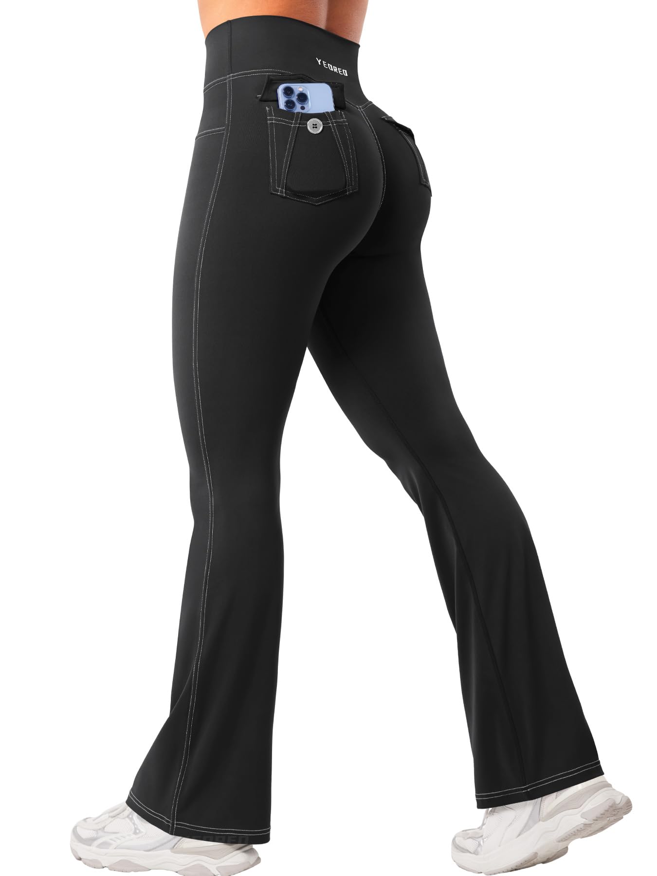 Photo 1 of YEOREO CoreFlex Women Workout Mini Flare Leggings with Pockets Hidden Scrunch High Waisted Cargo Gym Casual Denim-Look Yoga Pants Black S