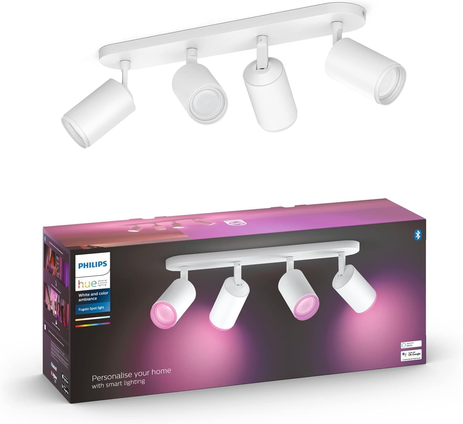 Philips Hue Fugato White and Colour Ambiance Smart 4X Ceiling SpotLight Bar LED [GU10] with Bluetooth, White, Works with Alexa, Google Assistant and Apple HomeKit