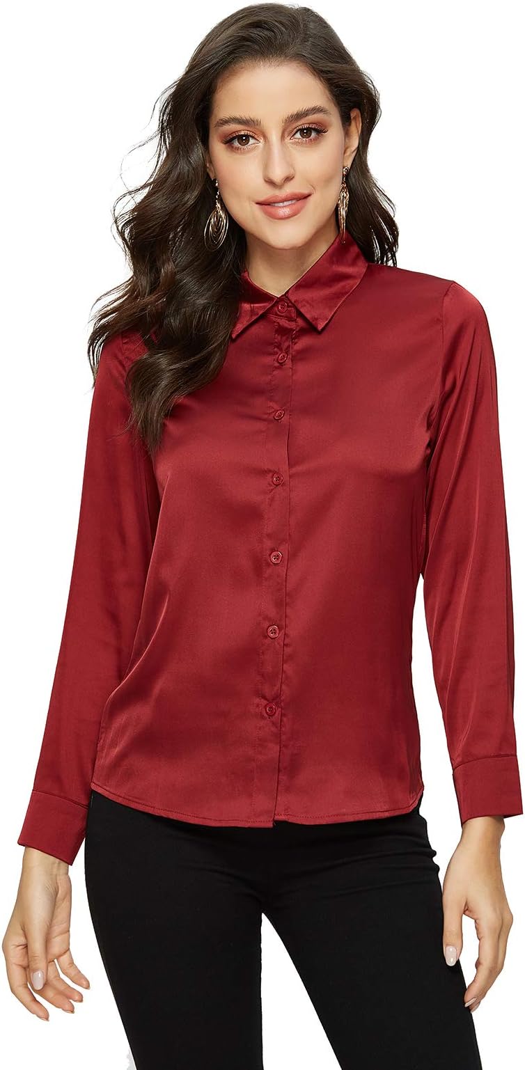 Escalier Women's Satin Silky Blouse Solid Long Sleeve Button Down Formal Work Shirt