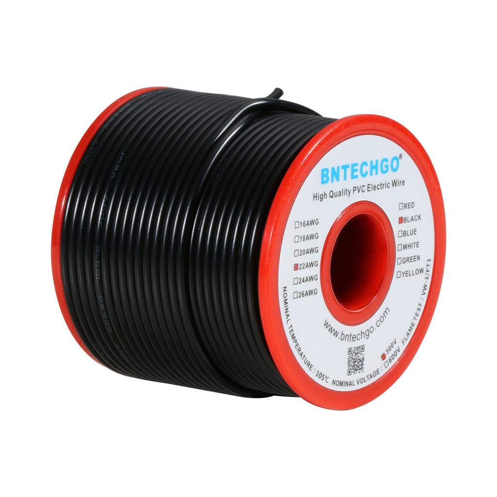 BNTECHGO 22 AWG 1007 Electric wire 22 Gauge PVC 1007 Wire Solid Wire Hook Up Wire 300V Solid Tinned Copper Wire Black 100 ft Per Reel For DIY