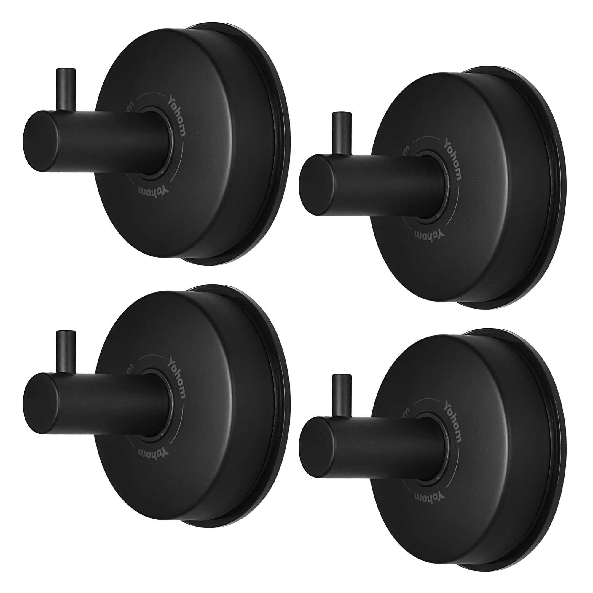 YOHOM Suction Cup Towel Hooks for Bathroom Kitchen Sucker Shower Hook Bathroom Towel Hooks Suction Tea Towel Holder Stainless Steel Heavy Duty Suction Hook Coat Hanger for Robe Matt Black 4Pcs