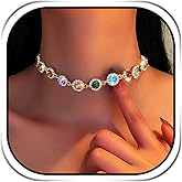 JAKAWIN Colorful Choker Necklace Gold Rhinestone Chokers for Women