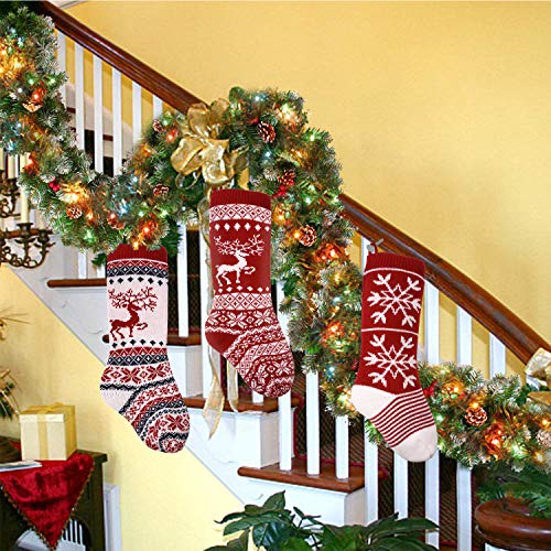 sanipoe 3 Pcs Knit Christmas Stocking, 18" Snowflake and elk Stockings, Personalized Stocking Decorations for Family Holiday Xmas Party Decorations