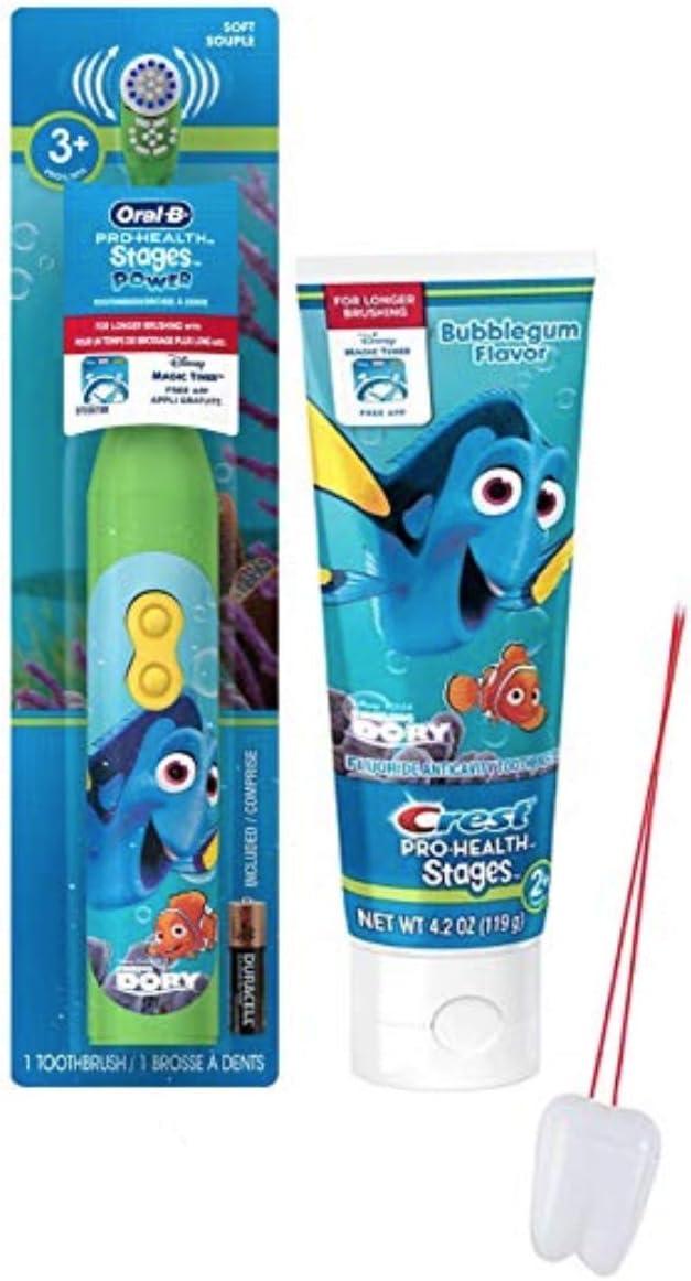 Disney's "Finding Dory" 2pc. Bright Smile Oral Hygiene Set! Includes Dory Battery Powered Toothbrush & Crest Bubble Gum Flavored Toothpaste! Plus Bonus "Remember to Brush" Visual Aid!