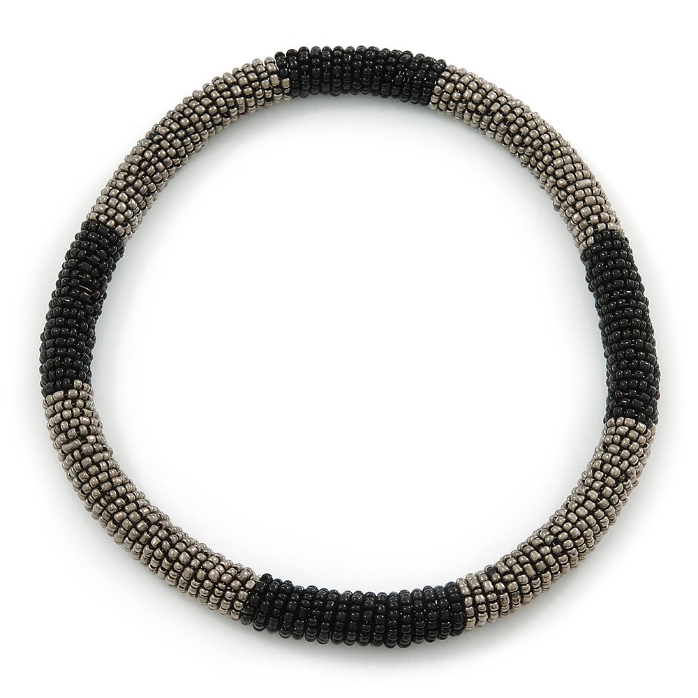 Avalaya Chunky Grey Black Beaded Stretch Choker Necklace/44cm L