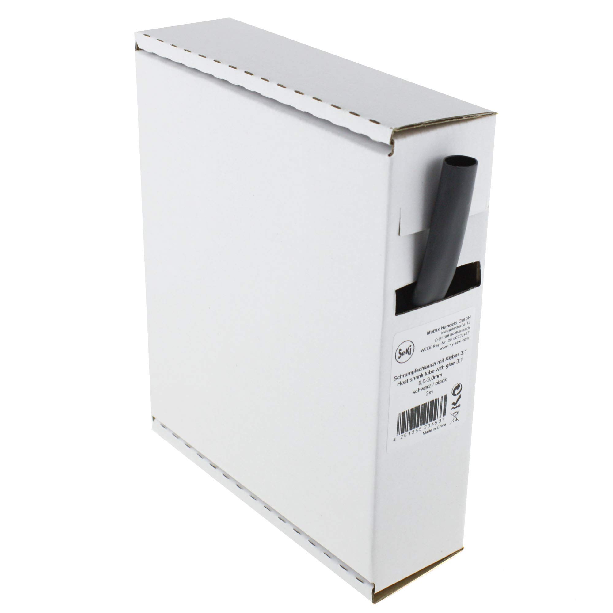 SeKi Heat Shrink Tube Black 3:1 with Adhesive 9.0-3.0 mm 3 Metres Dispenser Box