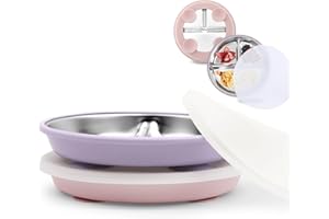 Bakpoco Stainless Steel Toddler Suction Plate with Lid, Deeper 9" Divided Plates with Removable Silicone Sleeves for Kids, Non Toxic & BPA Free | Unbreakable Baby Snack Dishes Set of 2, Pink & Lilac