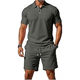 WDIRARA Men's 2 Piece Outfit Short Sleeve Collar Golf Shirt Drawstring Shorts Set Workout Athletic Tracksuit