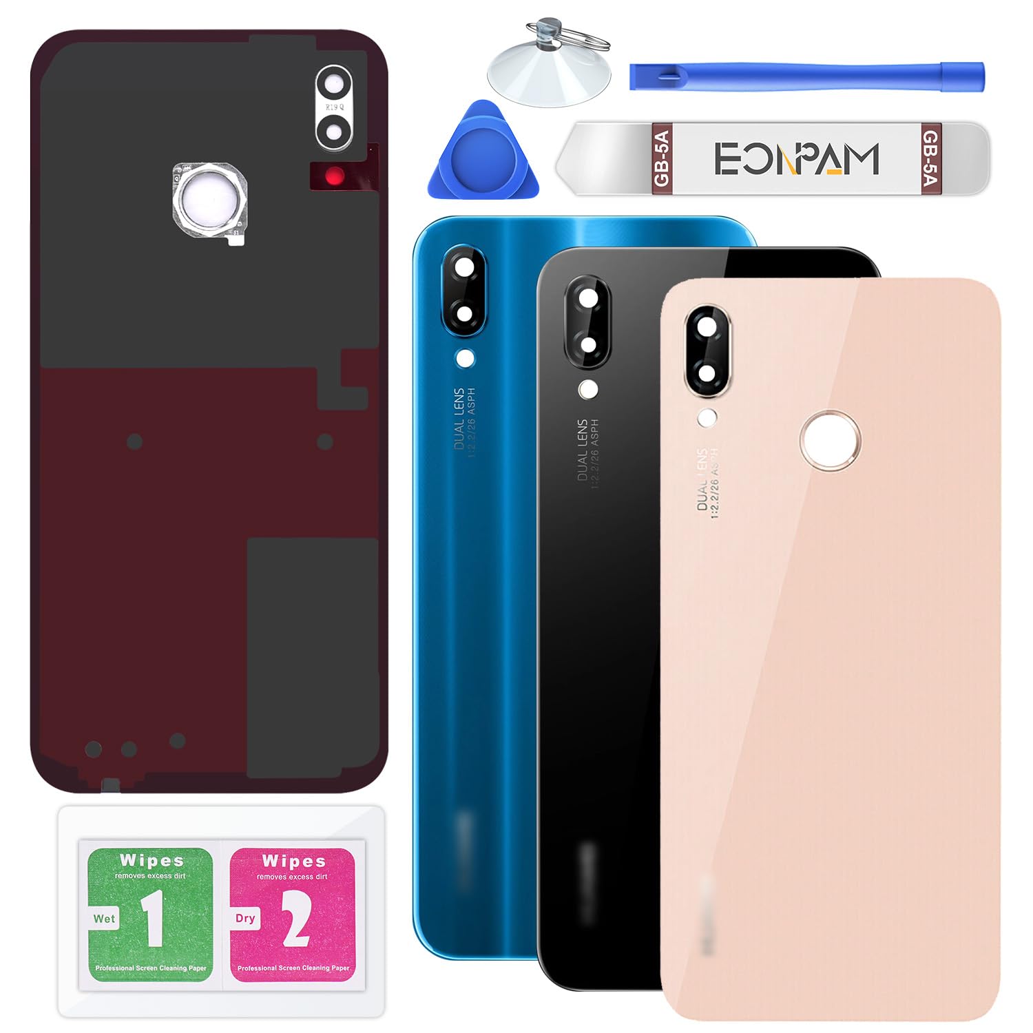 Eonpam Back Cover Glass for Huawei P20 Lite Rear Glass Replacement with Camera Lens + Repair Kit Genuine Rear Housing (Pink)