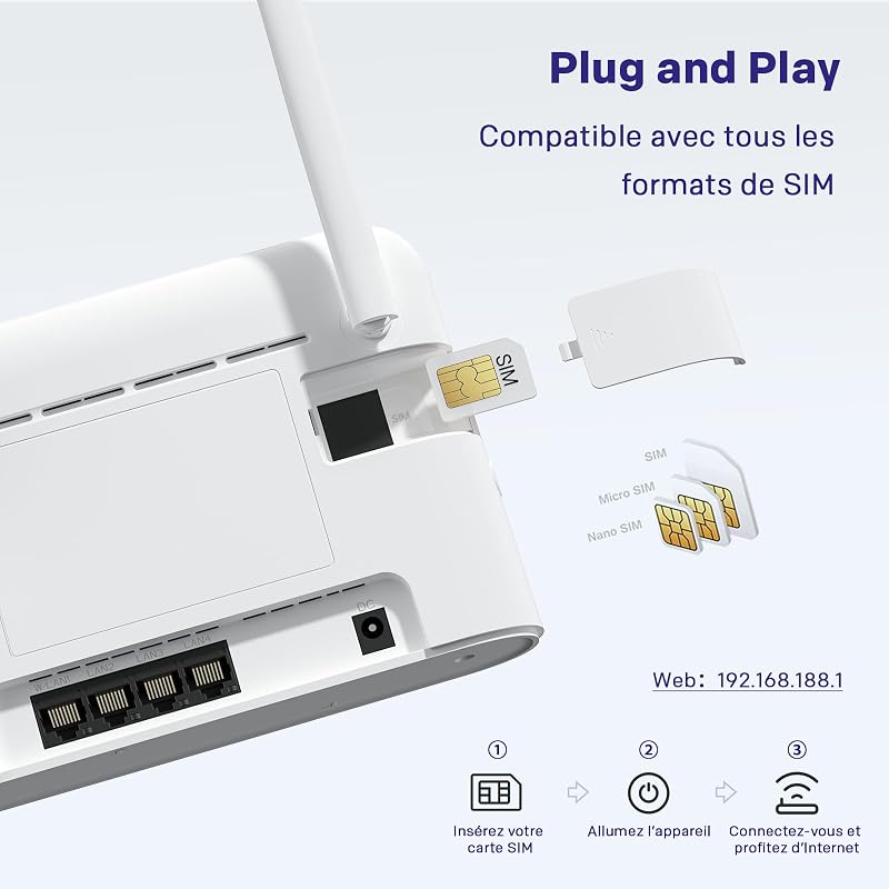 Routeur 4G, Réseau LTE Cat4, Wi-FI N300 Mbps, Box 4G avec Ports WAN/LAN 100 Mbps, Antennes externes Fixes, Compatible avec Toutes Les Cartes SIM, Plug & Play, Réseau sécurisé (4GROUTER360)