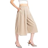 Lisskolo Women's Baggy Linen Wide Leg Palazzo Capris Pull On Embriodered Solid Summer Beach Cropped Culottes Pants Pocketed