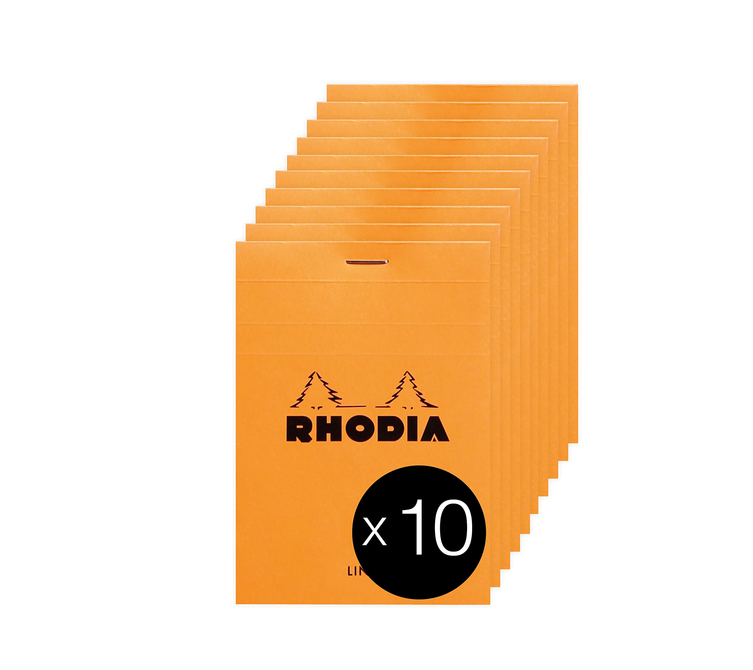RHODIA 12600C - Stapled Notepad N°12 Orange - 8.5x12 cm - Ruled - 80 Detachable Sheets - 80G White Clairefontaine Paper - Coated Card Cover - Pack of 10 pads