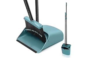 JEHONN Broom with Dustpan Combo Set, Long Handle Lightweight Indoor Broom Set, Upright Standing Dust Pan with Comb Teeth Stor