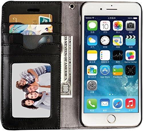 iPhone 8Plus Case Leather Wallet Strong Magnet Phone Case Cover uesd with Car Holder and Card Slots (Black)