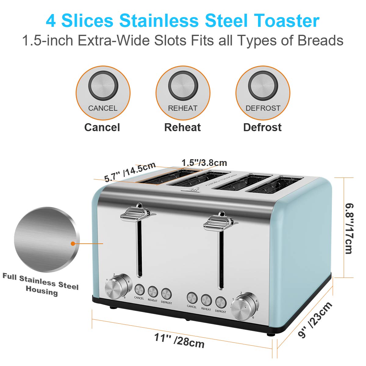 Toaster 4 Scheiben, Morpilot Edelstahl Toaster 1600 Watt mit 1,5\'\' breiten Schlitzen, 6 bräunungsstufen und 3 Moden (Auftau-, Aufwärm- sowie Abschaltungsmode)
