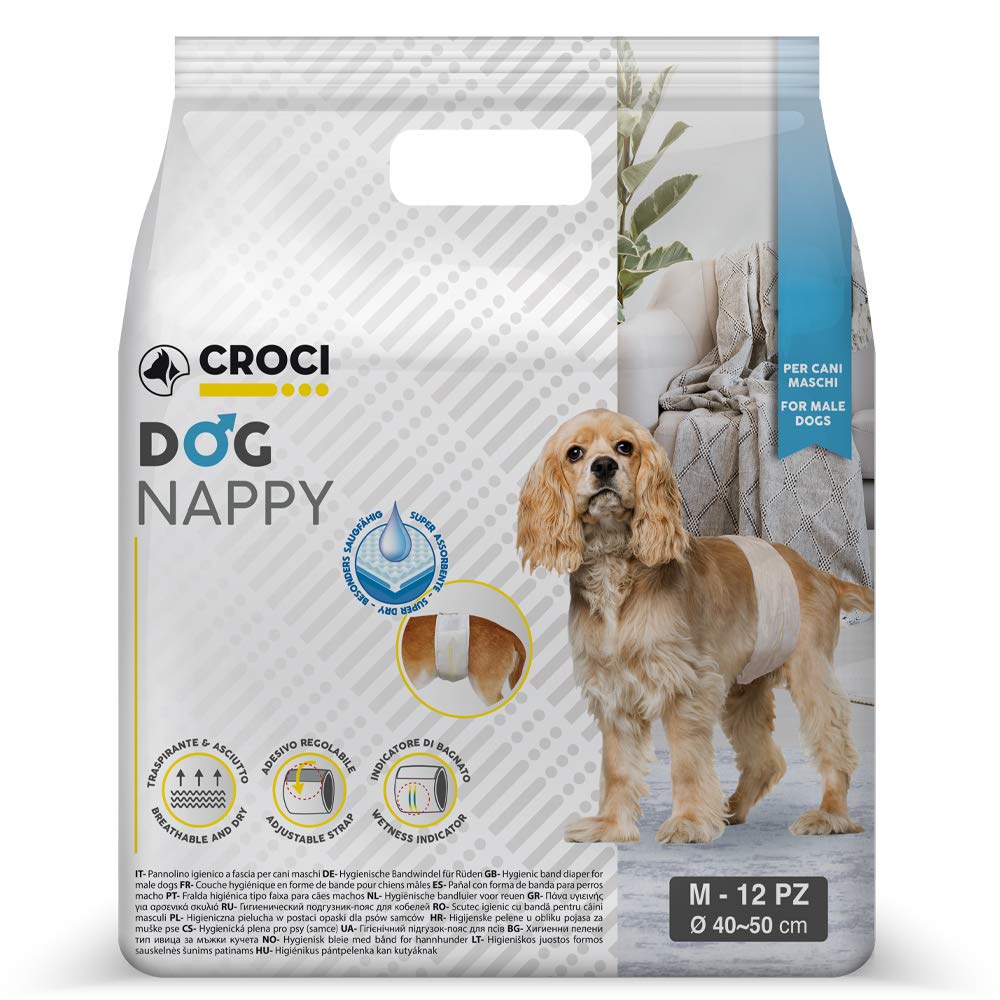 Croci Dog Nappy - Male Dog Diapers - Dog Underpants for Pee - Hygiene Wrap Diaper for Male Dogs, Anti-odour, Disposable, 12 Pieces, Size M, 40-50 cm