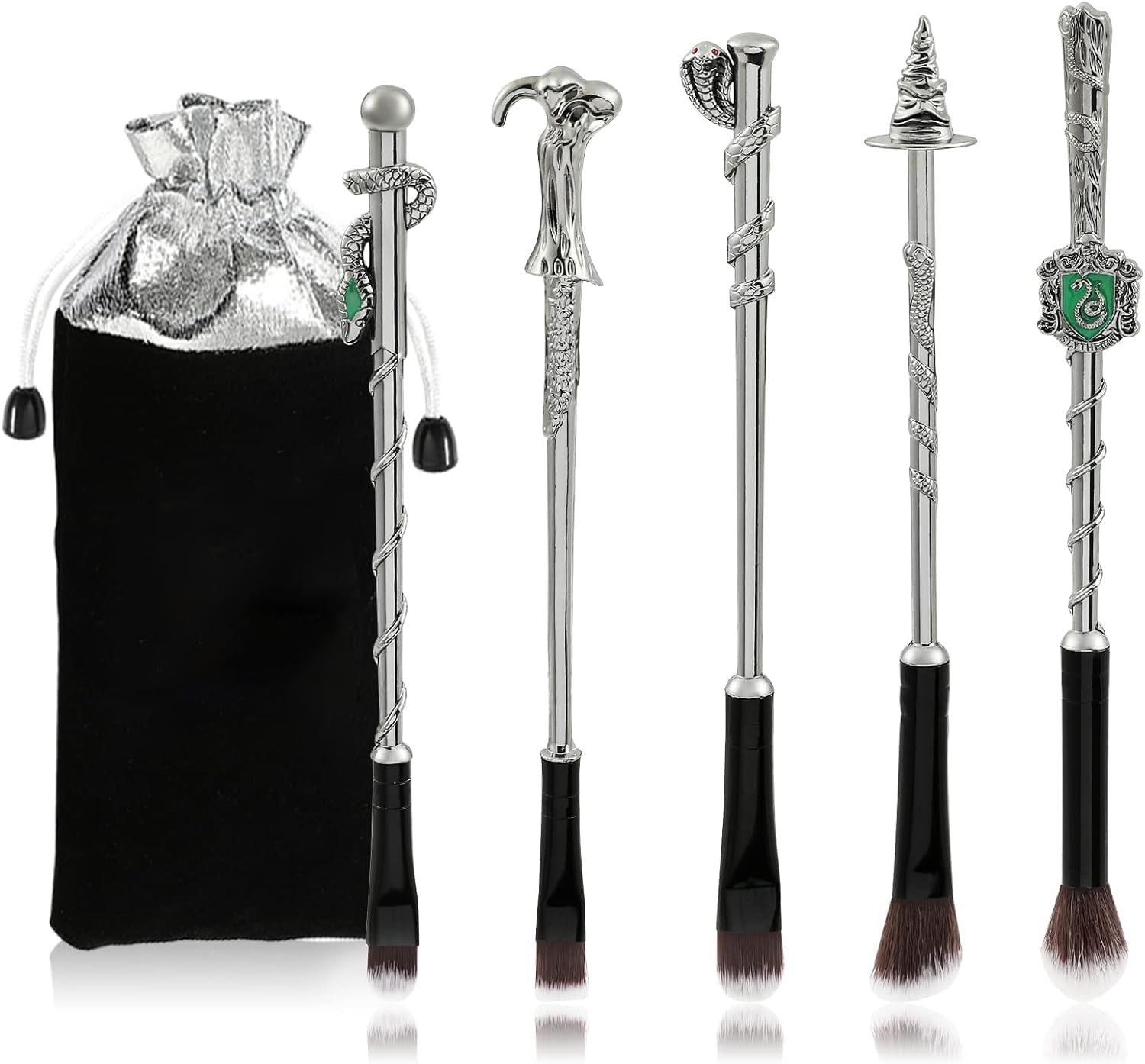 [5 PCS] Makeup Brush Set Metal, 3D Silver Handle Wizard Wand for Foundation Blush, Eyeshadow, Face Concealer, Eyeliner Contour, Powder Liquid Eye, H P Movie, Anime Gift for Girls, Women
