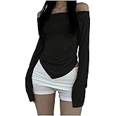 Floerns Women's Y2k Off The Shoulder T Shirts Long Sleeve Hanky Hem Ruched Tee Tops