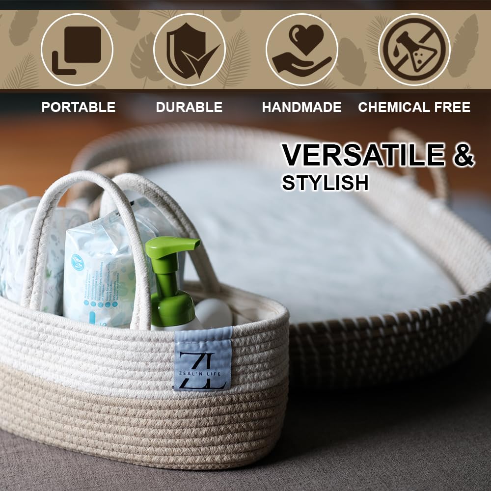 ZEAL'N LIFE Seagrass Baby Changing Basket, Baby Towel, Diaper Caddy & Waterproof Changing Pad | Portable Diaper Changing Topper for Dresser or Table | A Nursery Essential (Seagrass)