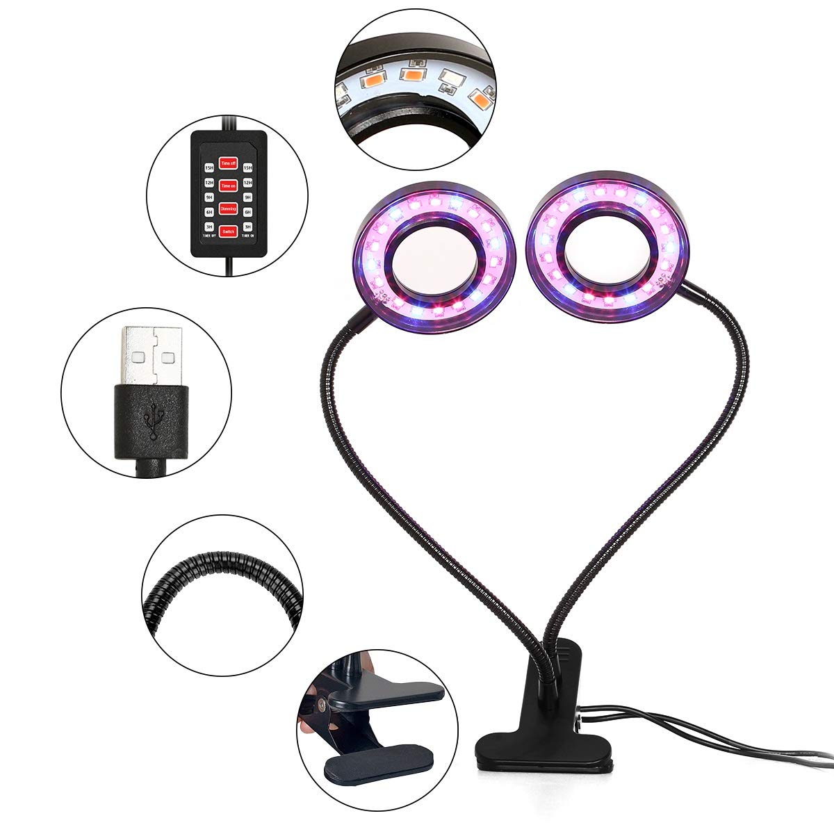 INKERSCOOP Sukkulenten-Licht, 18 W, 36 LEDs, Doppelkopf, 3-6-9-12-15 Timer, 5 dimmbare Stufen, Wachstumslampe, 3 Lichtspektren, wechselt blau/rot/blaues Licht, EU Stecker