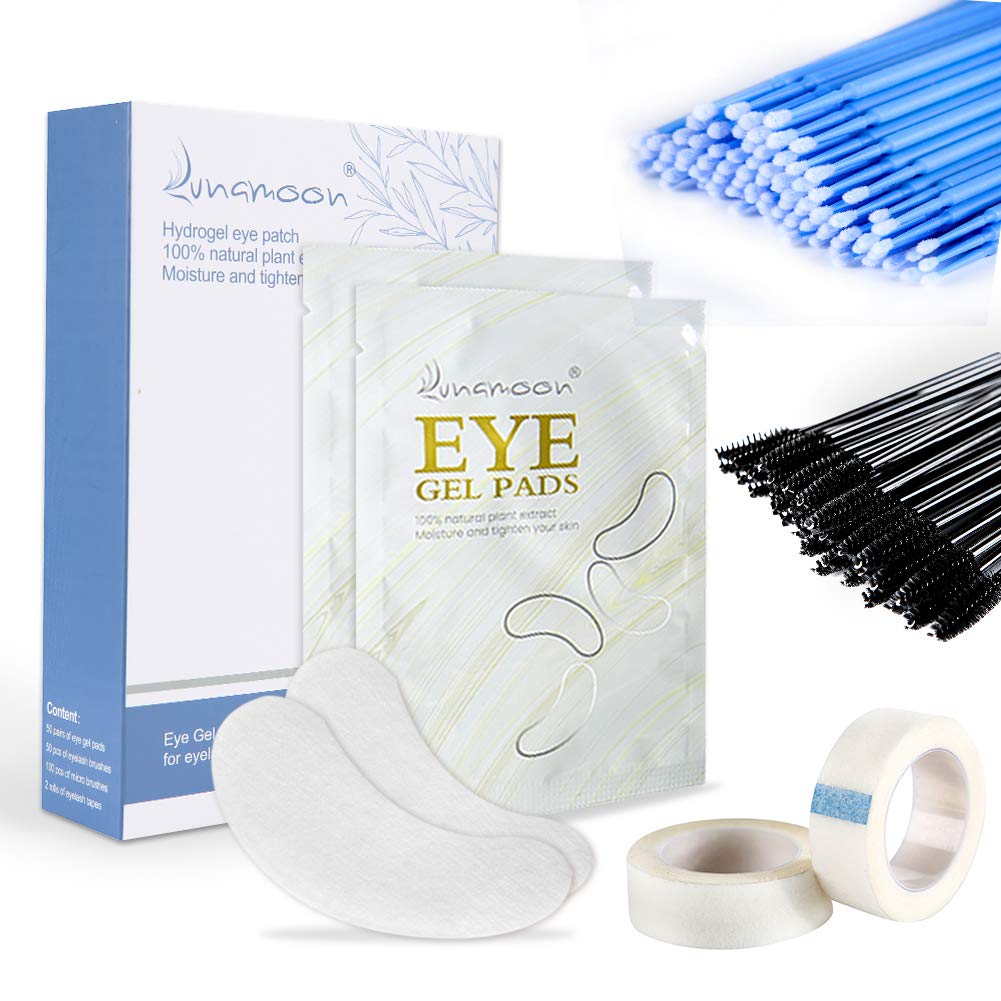 Under Eye Gel Pads 50pcs Eyelash Extension Pads Lint Free Eye Patches Eyelash Patches + 50pcs Eyelash Brush + 50pcs Micro Applicators Brushes + 2 Rolls Eyelash Tapes(set02)