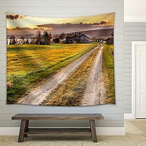 Iconic Wooden Barn with Farmhouse and Rural Path at Sunset in Norway - Fabric Wall Tapestry Home Decor - 51x60 inches