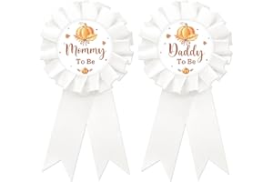 SUPERLUBY Pumpkin Mom to Be Tinplate Badge Pin, Pumpkin Dad to Be Pin, Pumpkin Gender Reveal Button for New Parents, White Rosette Mom to Be Award Ribbon, Fall Themed Baby Shower Party Favors
