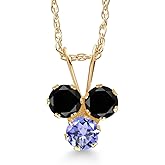 Gem Stone King 14K Yellow Gold Black Diamond and Blue Tanzanite 3-Stone Pendant Necklace For Women (0.35 Cttw, Gemstone April Birthstone, Round 3MM, 18 Inch Chain)