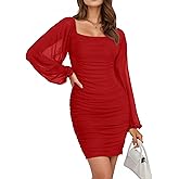 Women's White Black Pink Green Mesh Long Sleeve Square Neck Ruched Party Club Cocktail Bodycon Short Tight Prom Mini Dress Summer Spring Fall Sexy Classy Banquet Dress Teen Girl Grad Formal Dresses