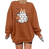 Halloween Spooky Season Sweatshirt Women: Oversized Black Cat Ghost Sweatshirts Fall Embroidered Pullover Top