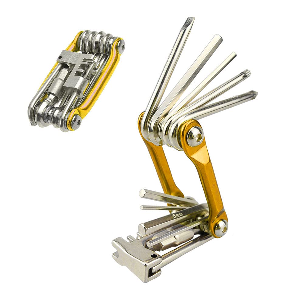 Aiqeer 11 in 1 Multifunction Bike Repair Tool, Portable Foldable Bicycle Repair Tool, Compact Mini Bike Maintenance Tool Kit (Golden)