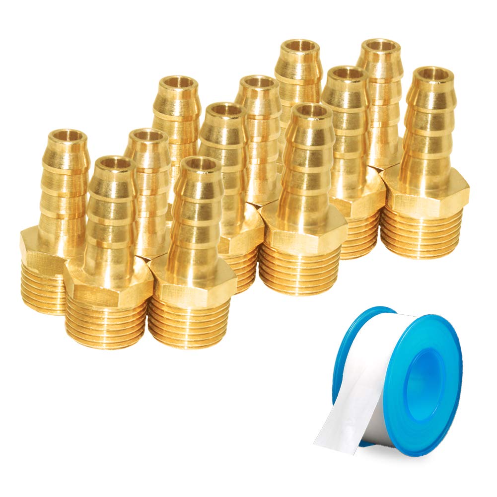 JoyTube 12 Pcs Hose Barb Fittings 1/4" Barb to 1/4" NPT Male Thread Brass Metals Adapter connector with Teflon Tape