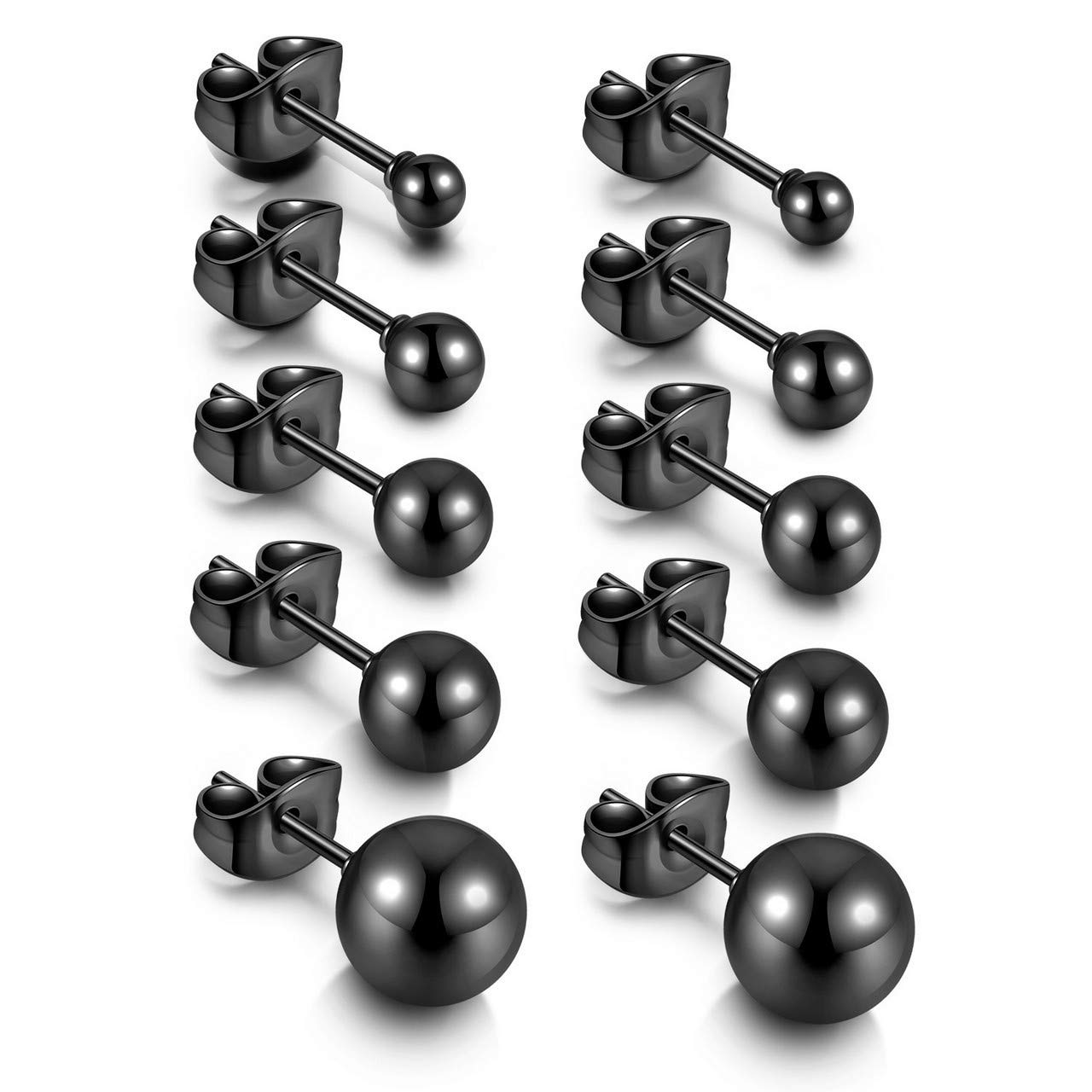 JOVIVI Black Stud Earrings for Women Men Girls, 5 Pairs Stainless Steel Round Ball Stud Earrings Set, Hypoallergenic Barbell Earring Ear Studs Jewellery,Size: 3, 4, 5, 6, 8mm