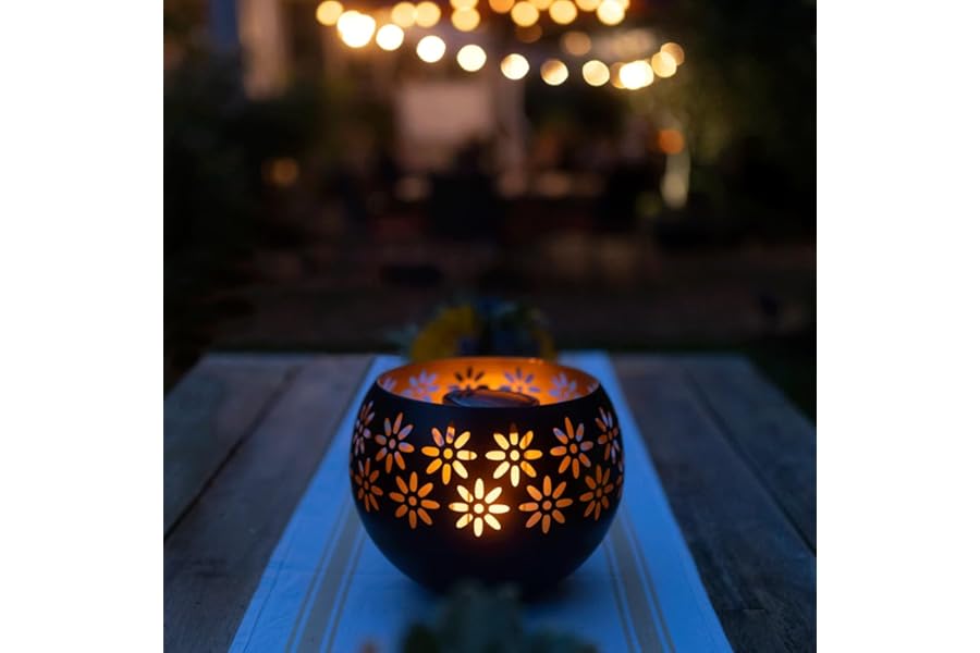 Original Solar Fire Bowl (1-Pack) Outdoor Waterproof Solar Lanterns - Metal Porch Lights with Flickering Flame for Tabletop, Patio, Garden & Landscape Decor (Matte Black)