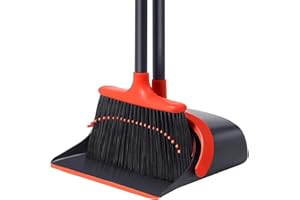 Upgraded Broom and Dustpan Set - 52'' Long Handle, Heavy Duty Combo for Home Office - Standing Broom With Dustpan