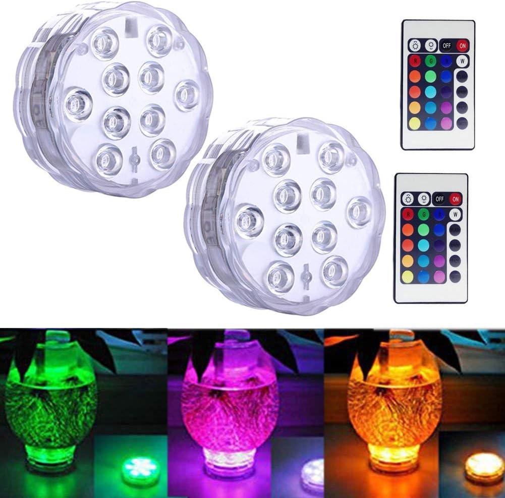 Submersible LED Lights, NOTENS 2 Pack Multi-Color Waterproof Submersible RGB Changing Remote Control LED Tea Light Vase Based Floral Lamp for Vase Wedding Party Fish Tank Decors