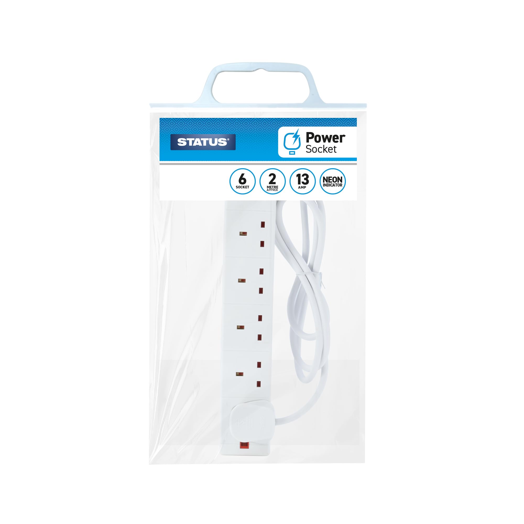 STATUS Multi Plug Extension | 6 Socket Extension Cable | 2m Extension Lead with Neon Indicator | 6WS2MCP20