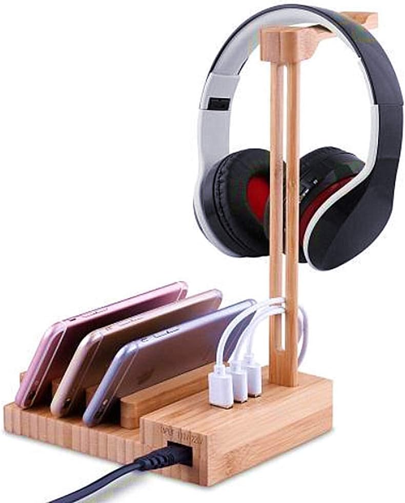 ONEGenug Headphone Stand with 3 USB Charger, Carbonized Bamboo Charging Station for Desktop Gaming Headset/Apple Watch/Phone.Universal Hanger for Desktop Audio Organization